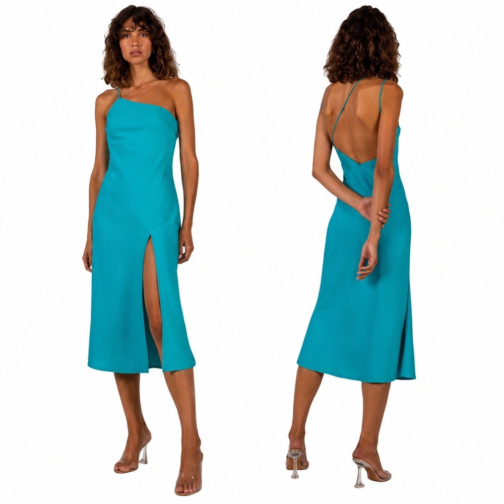 MISHA One Shoulder Dress Midi Asymmetric Party‎ Cocktail Wedding Guest Blue Sz 8